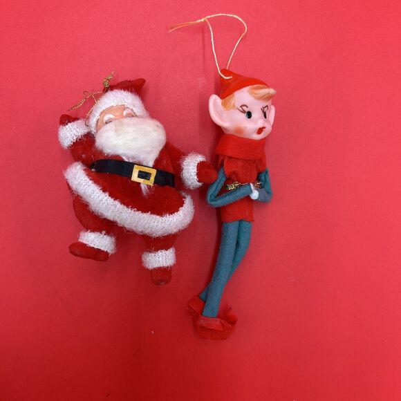 Vtg Santa Claus Blow Mold Flocked Elf On The Shelf Christmas Ornament  1960s - Picture 1 of 6